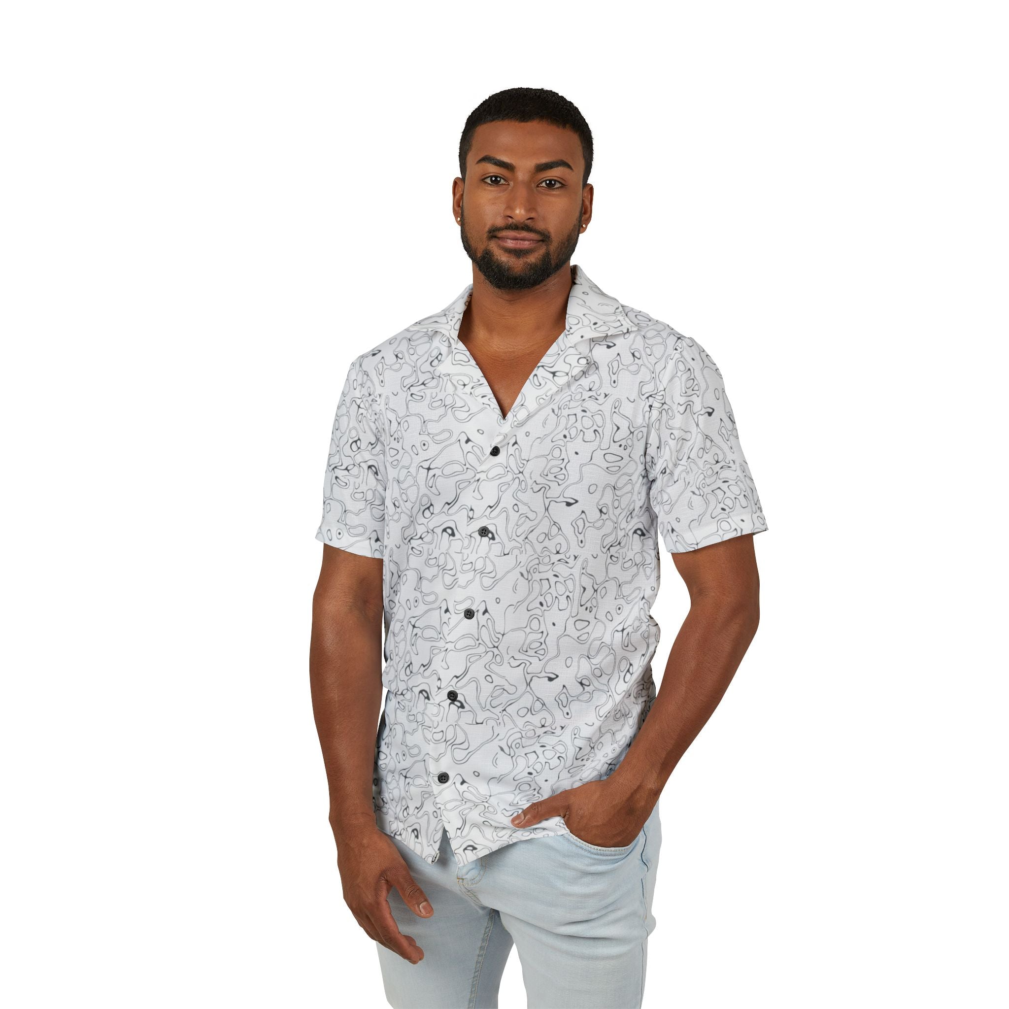 Chemise camp hawaïenne en marbre abstrait blanc pour homme