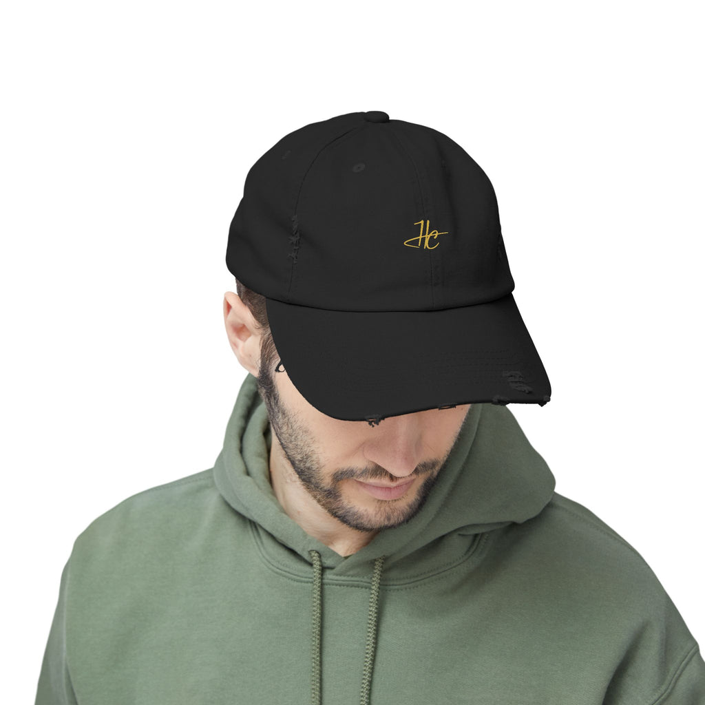 Distressed Black Cap HC Script Embroidery