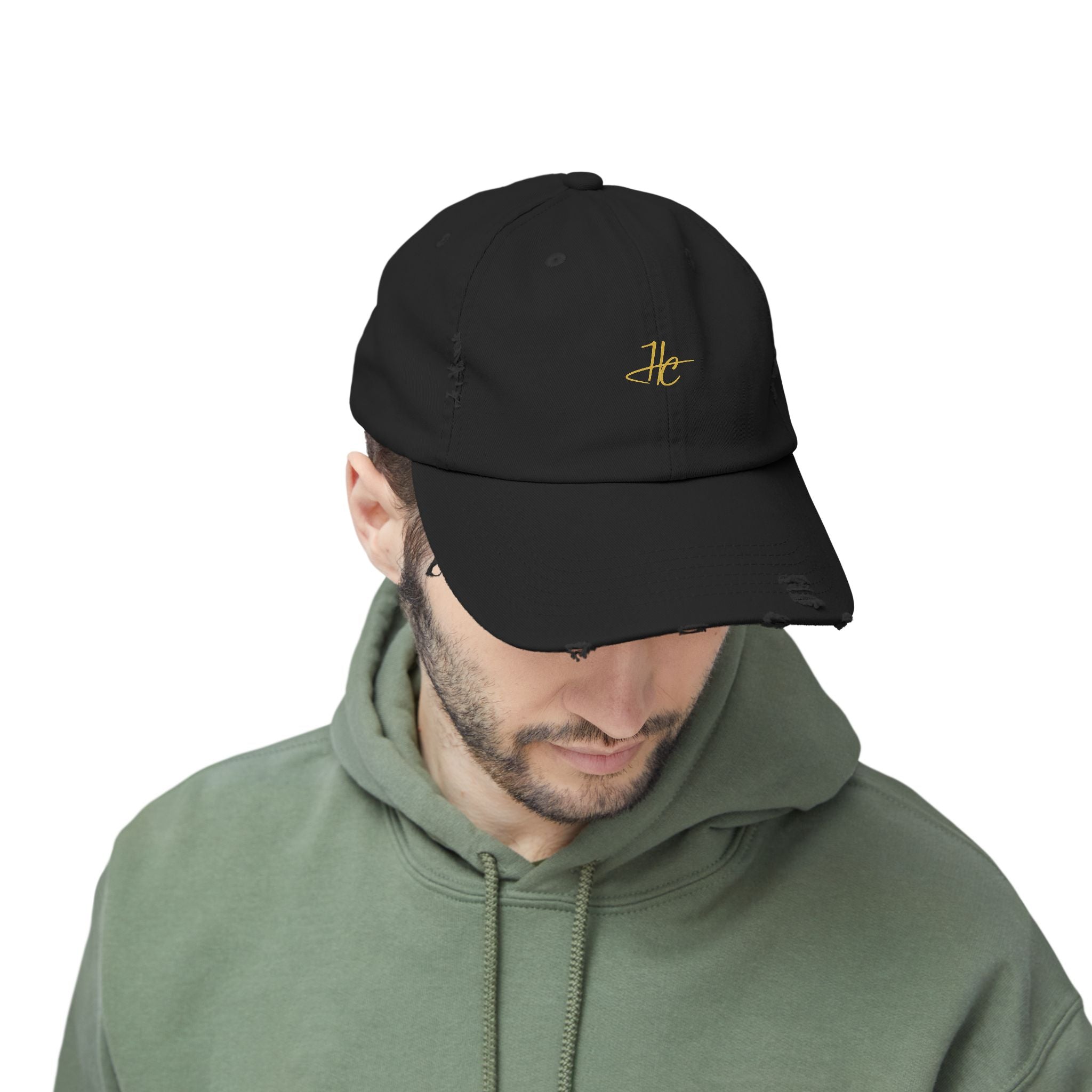 Distressed Black Cap HC Script Embroidery