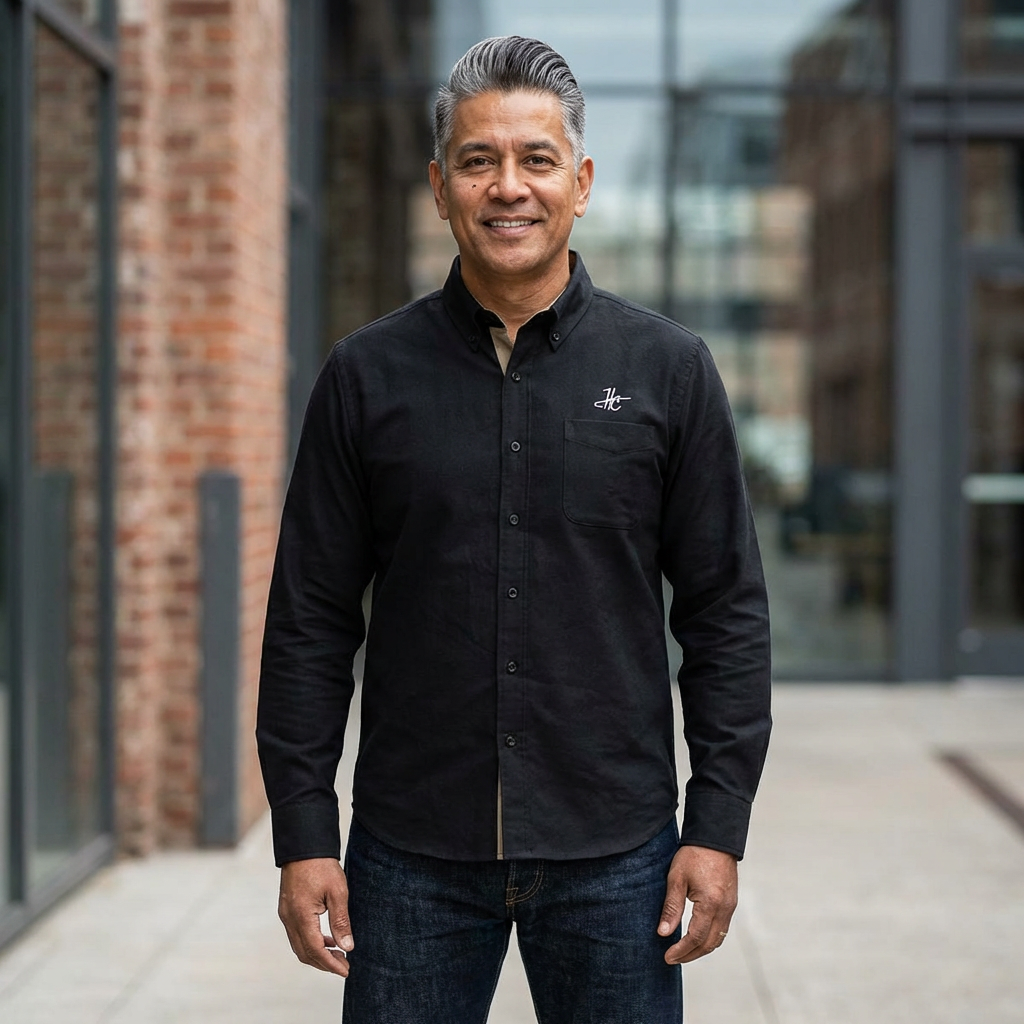Man wearing a black shirt with a logo standing in an urban setting