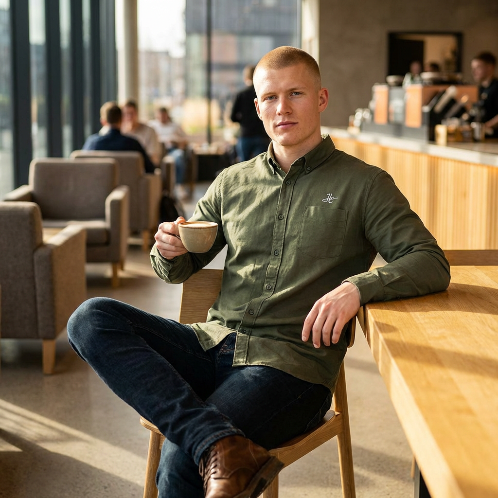 Man sitting at a table in a modern cafe holding a coffee cup