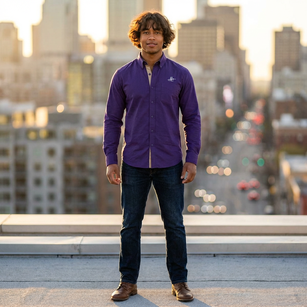 Man wearing a purple shirt with a logo on a city rooftop at sunset.