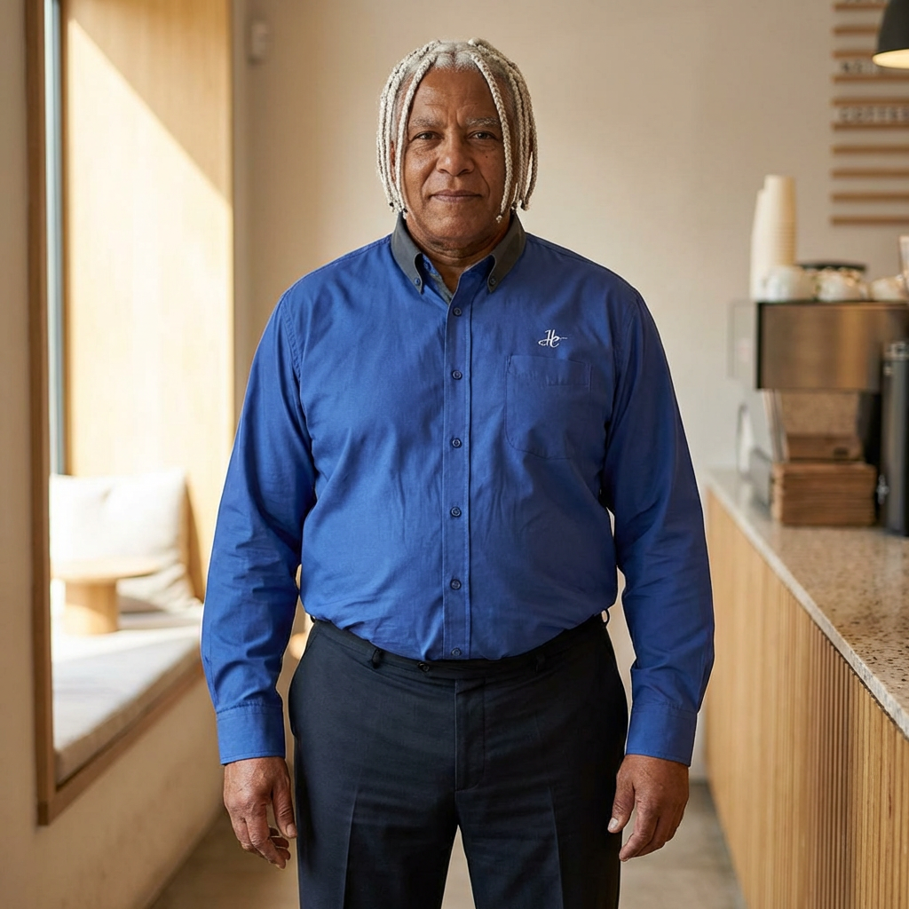 Man wearing a blue shirt with a logo in a room with a mirror and window.
