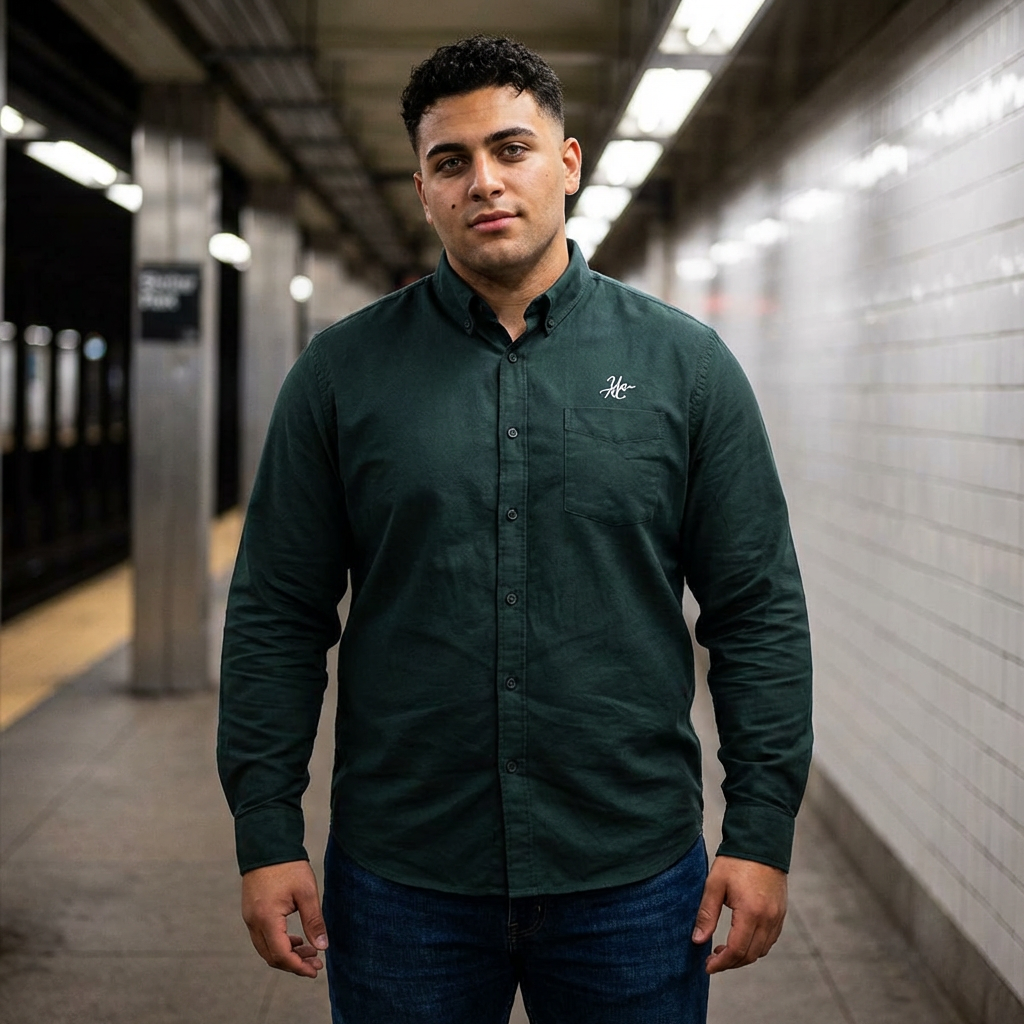 Man wearing a green shirt with a logo in a subway station