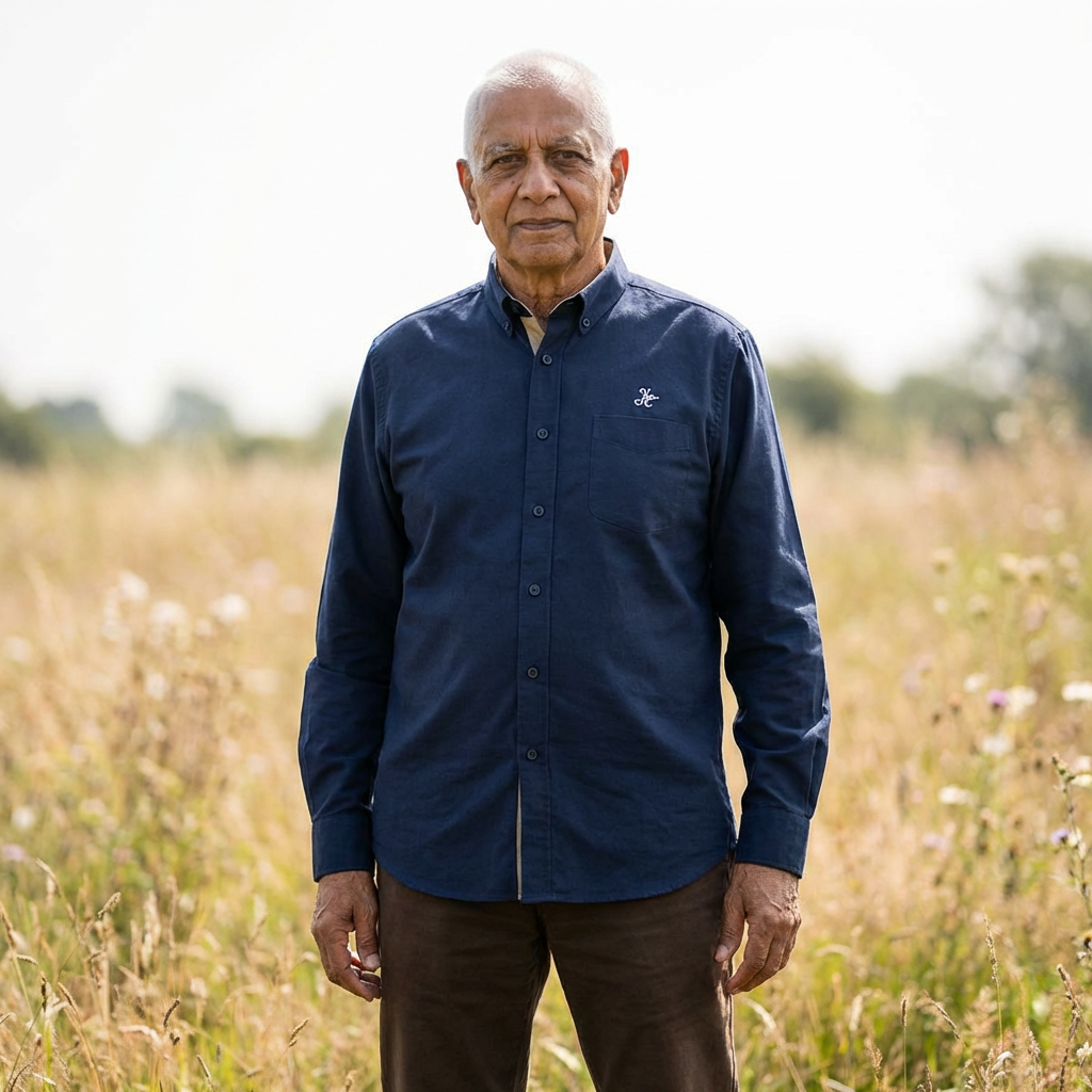 Man wearing a blue shirt standing in a field with a blurred background