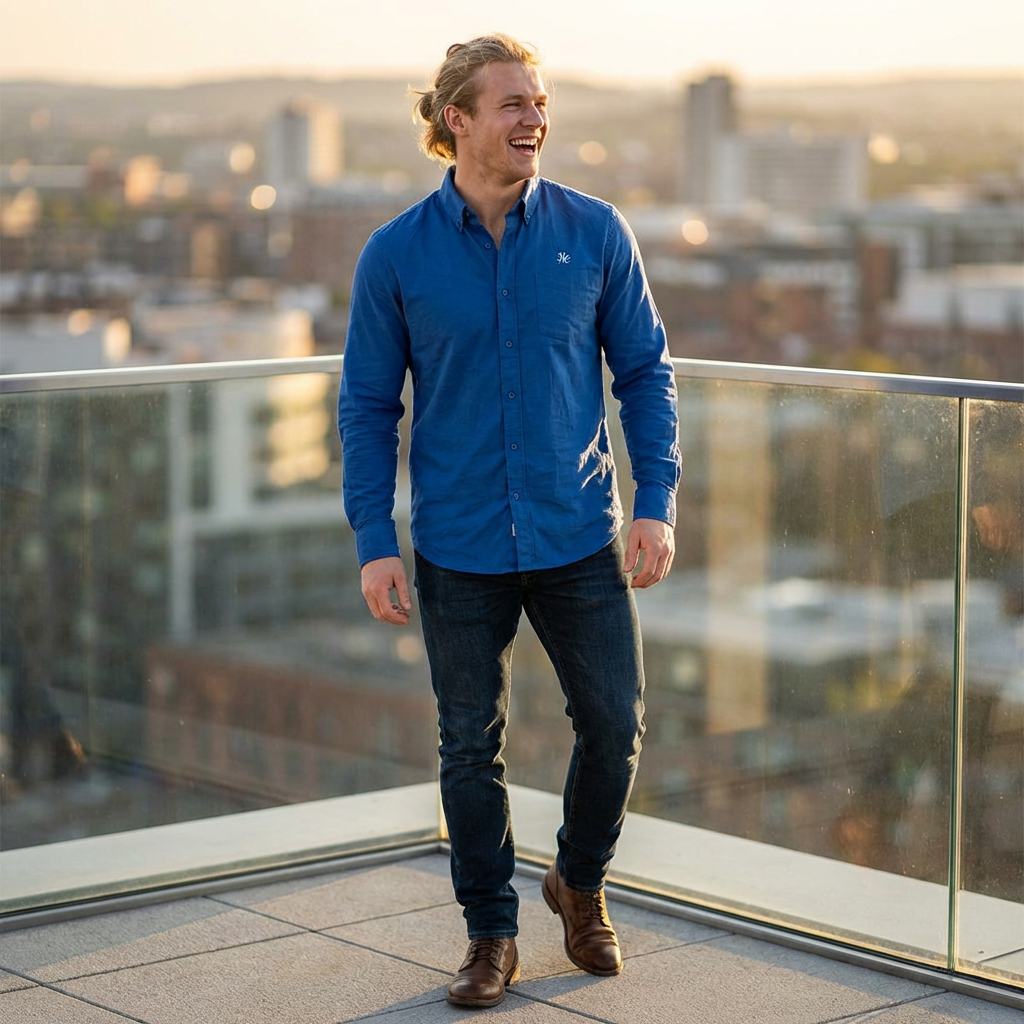 Man in a blue shirt standing on a rooftop with a cityscape in the background