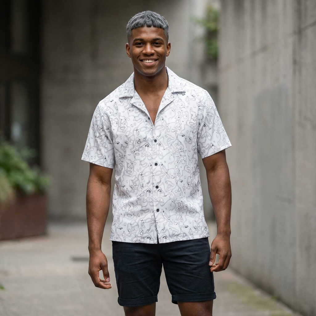 Chemise camp hawaïenne en marbre abstrait blanc pour homme