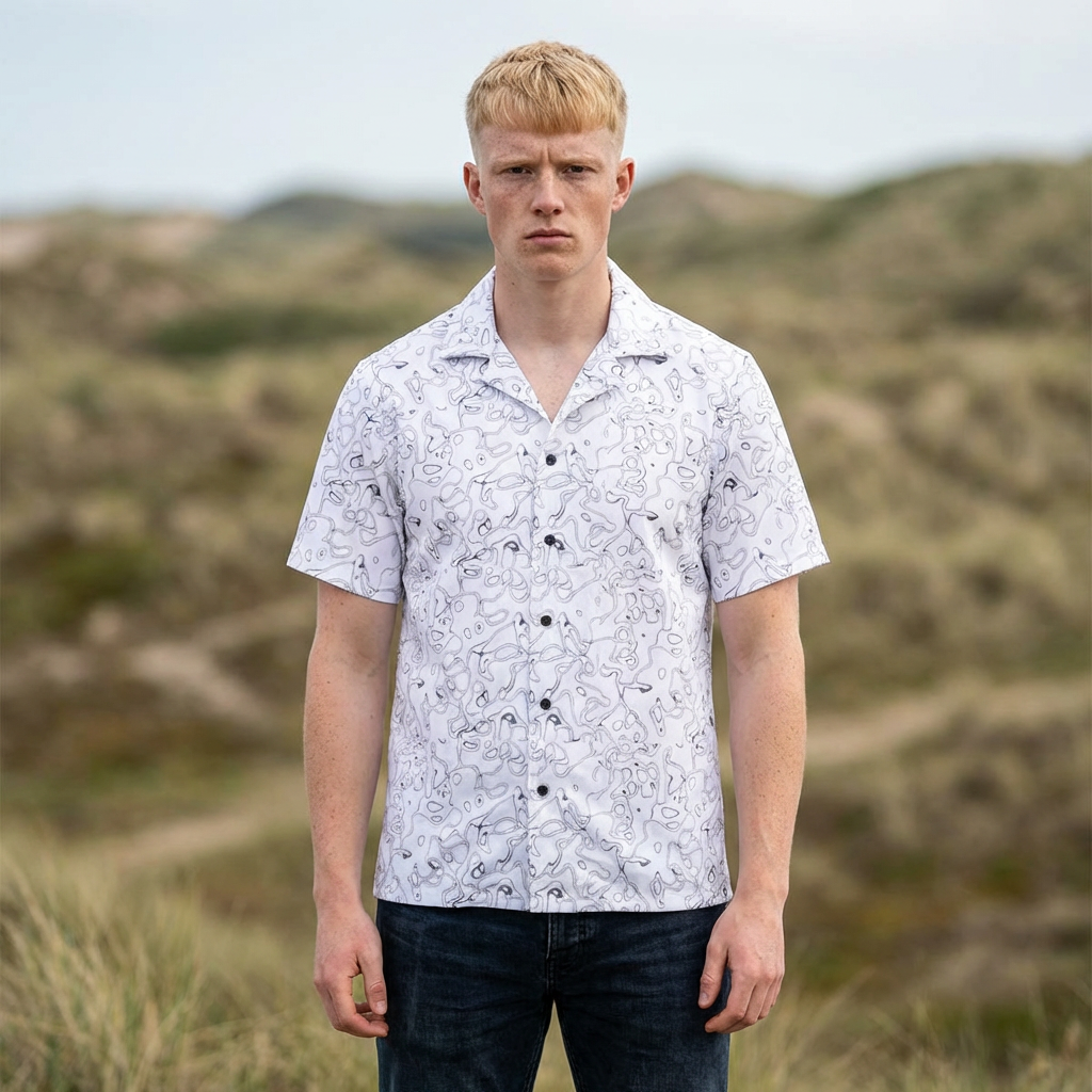 Chemise camp hawaïenne en marbre abstrait blanc pour homme