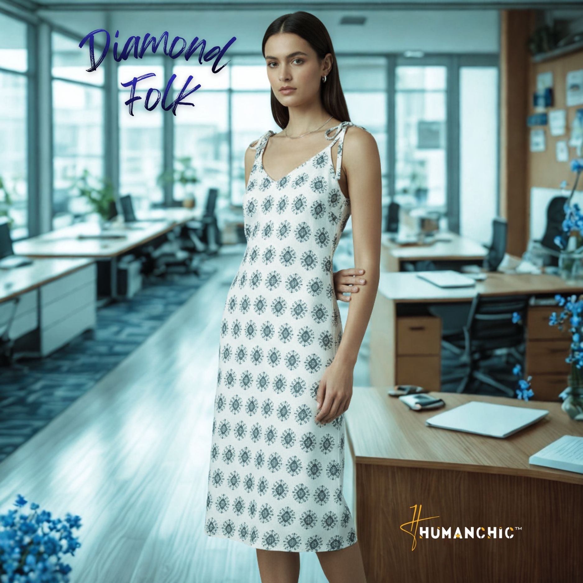 HUMANCHIC Diamond Folk Tie-Strap Midi Dress — Women