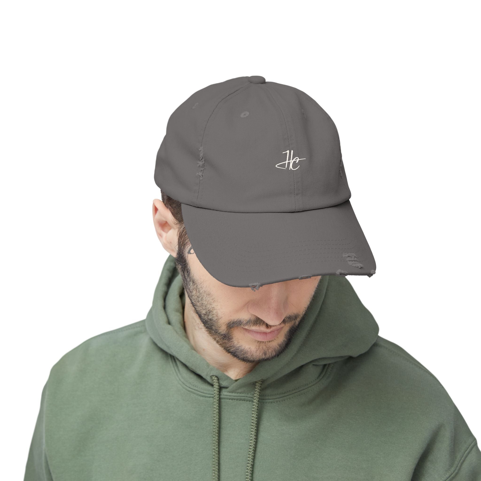 Distressed Black Cap HC Script Embroidery