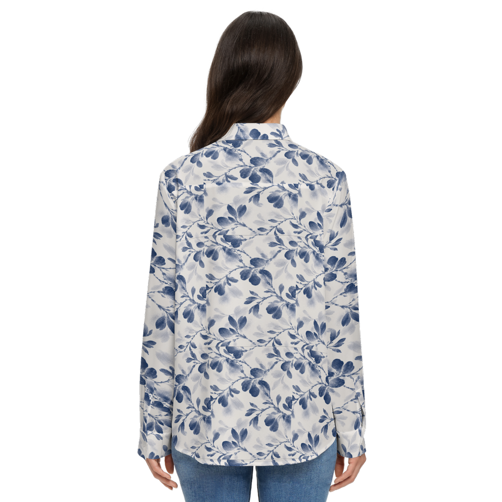 Flower Women's Classic Long Sleeve Button-Up Shirt Silky-Blue
