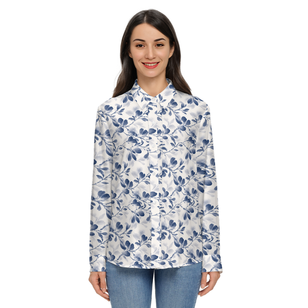 Flower Women's Classic Long Sleeve Button-Up Shirt Silky-Blue